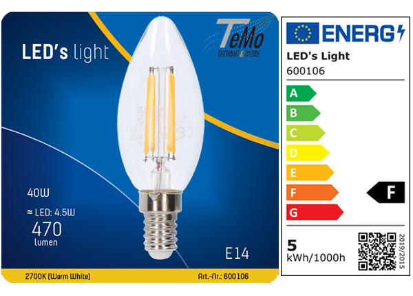 1 STÜCK (VPE) SHADA LED Kerze E14 470lm 4.5W, warmweiss 2700K, C35 klar, dimmbar, EEC: F (0600106)